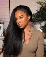 Kinky/Yaki Straight 13x4 Swiss Lace Full Frontal Glueless Wear and Go Wig  Human Hair Natural colour 180density