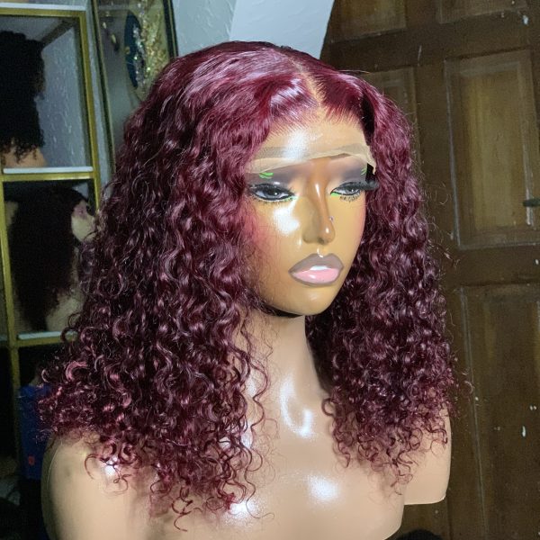 16 inch DOUBLE DRAWN PIXIE CURLS 5X5 CLOSURE WIG WINE COLOR 99J 100%  HUMAN HAIR